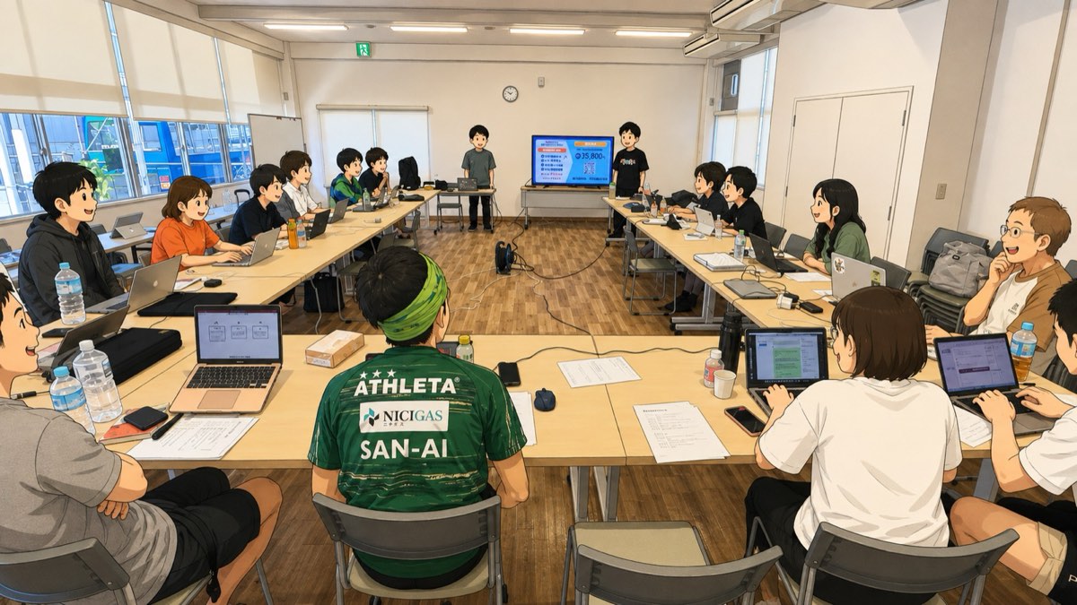 研修室での講義風景。参加者がノートPCを開いて取り組んでいる