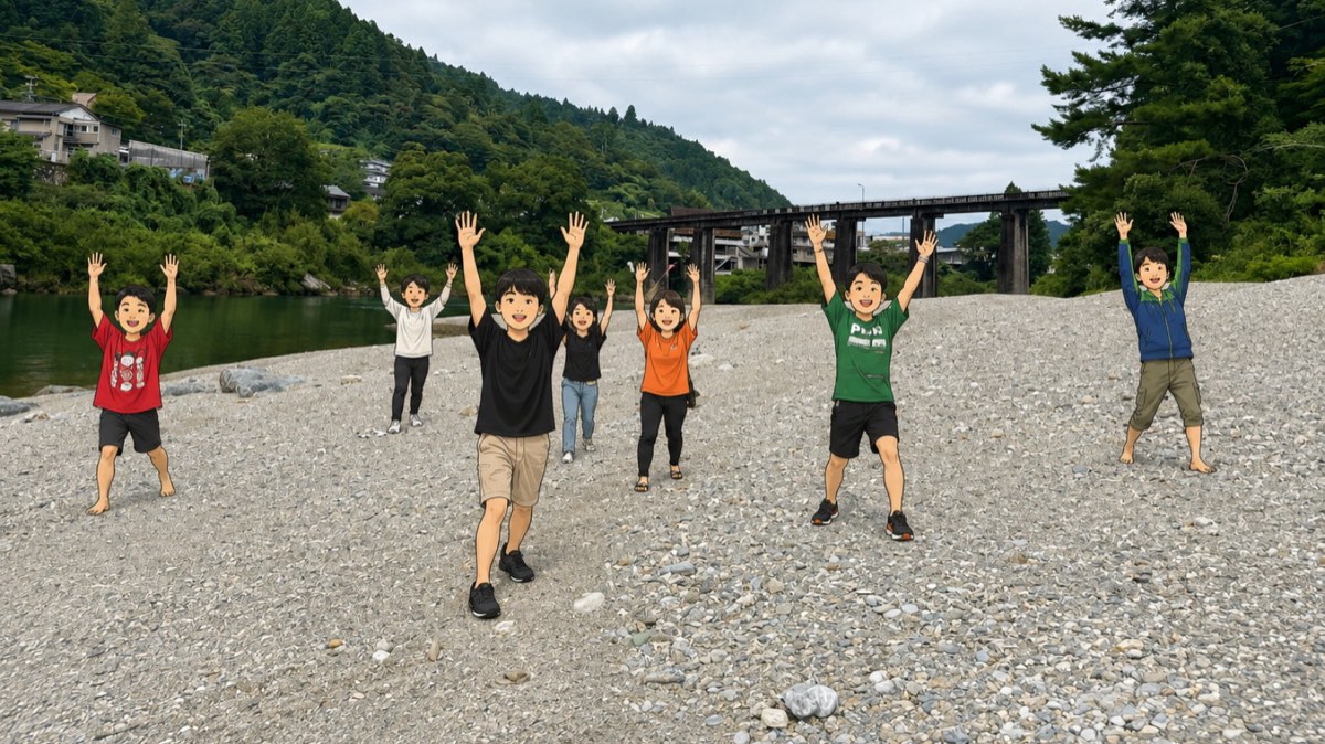川辺でモーニングストレッチをする参加者たち